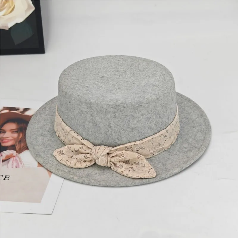 

Top hat lady's lace woven felt fashionable and versatile flat-topped