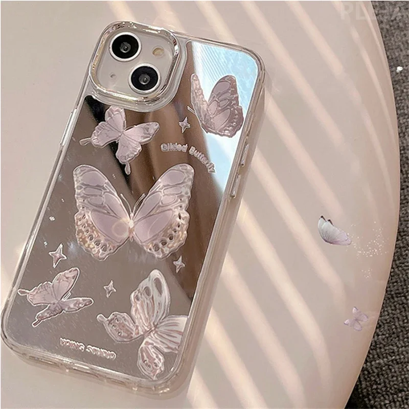 Bling Mirror Silver Butterfly Cute Phone Case for Apple iPhone 16 15 14 ProMax 13 12 Pro Max 11 Cover Protective Women Soft Case