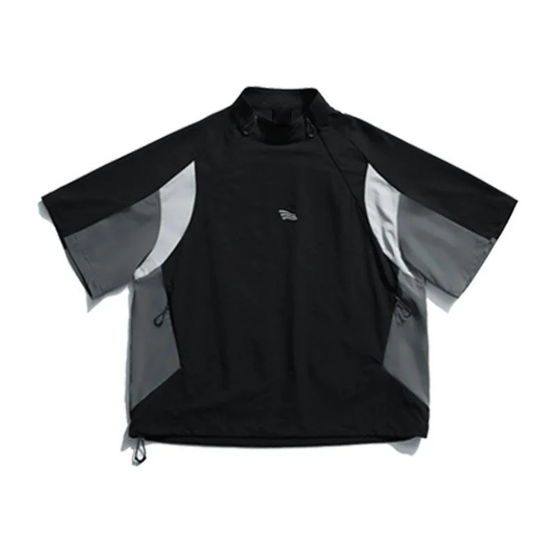 New Black Gray Color Block T-shirt for Men Japanese Mountain Style Quick Drying Training Jersey Trendy Collar Zipper T-shirt