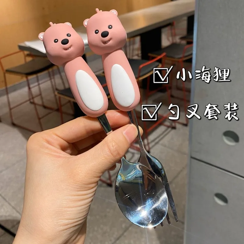 Ins Cute Cartoon Loopy Tableware Set Pink Beaver Spoon Fork Cutlery Set Portable Lunch Box Student Adult Outdoor Travel Gift