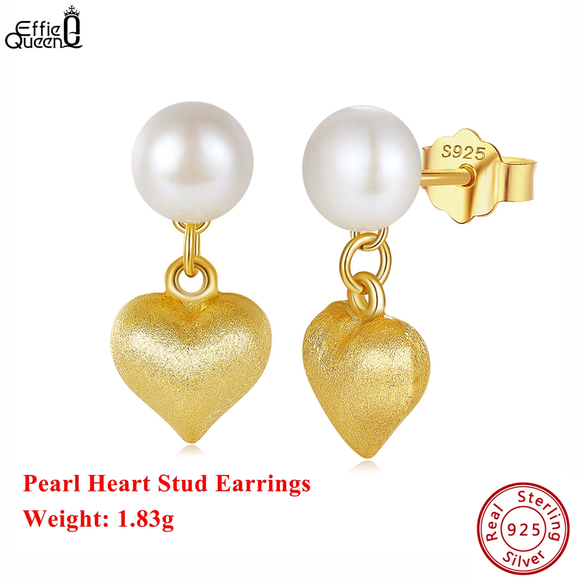 

Effie Queen 925 Pure Silver 14k Gold Round Pearl Stud Earrings Heart Style Romantic Jewelry for Women 2025 Trend Earrings GPE100