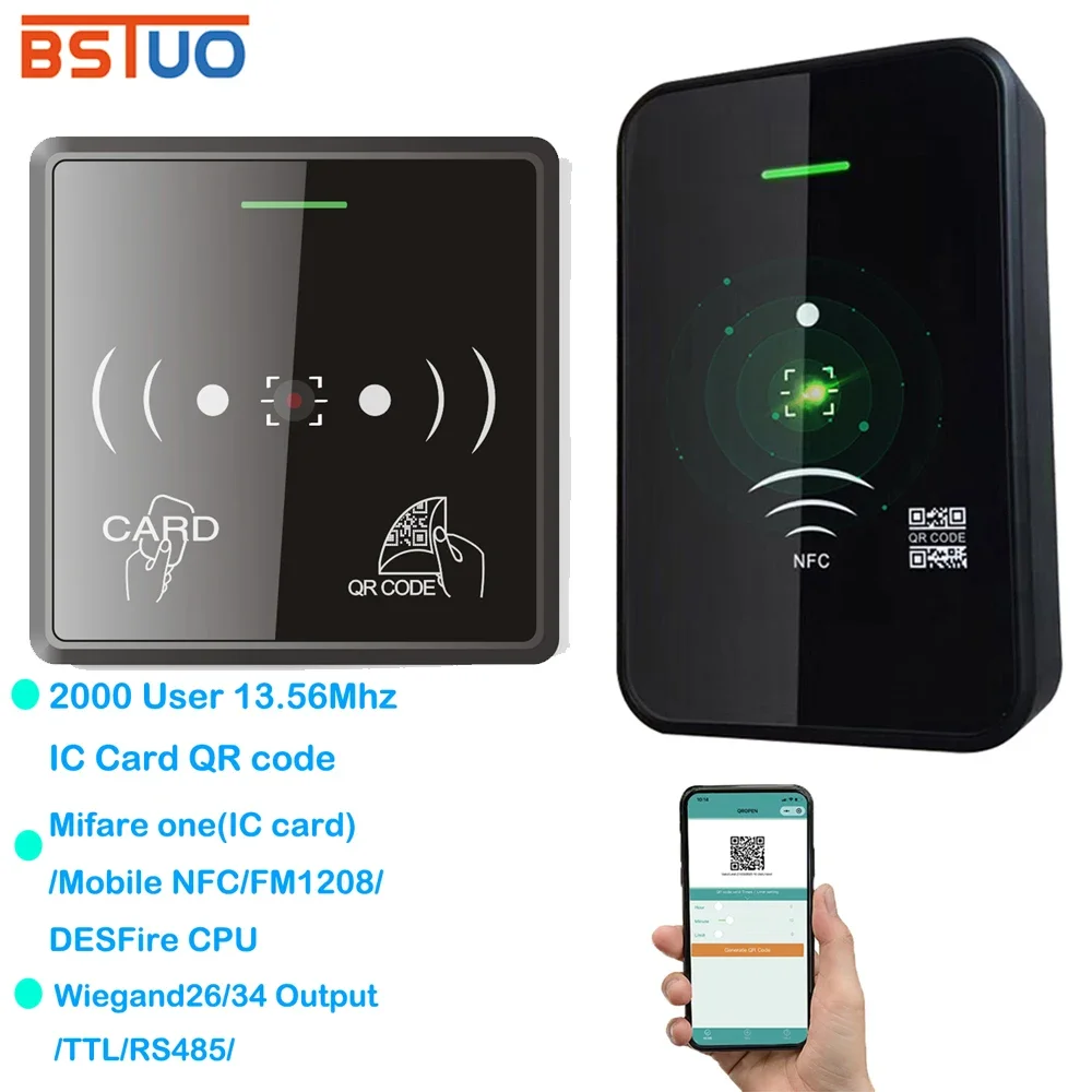 

13.56Mhz RFID Barcode Reader QR Code Access Control Reader TTL /RS485/ Wiegand 26/34 Output Card NFC 20000 User Mobile APP