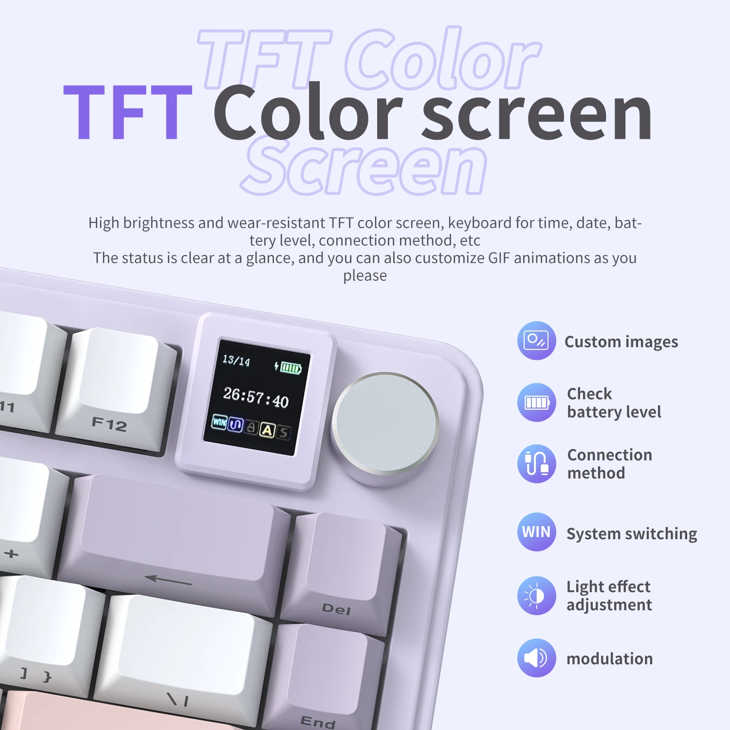 RGB Bluetooth mechanical keyboard, 2.4G tri-mode connectivity, full-key hot-swap, TFT screen, metal knobs, win and mac versions