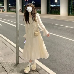 Vestido Midi elegante para mujer, de estilo francés ropa Retro, línea A, con volantes, moda coreana Vintage para fiesta y graduación, novedad de otoño