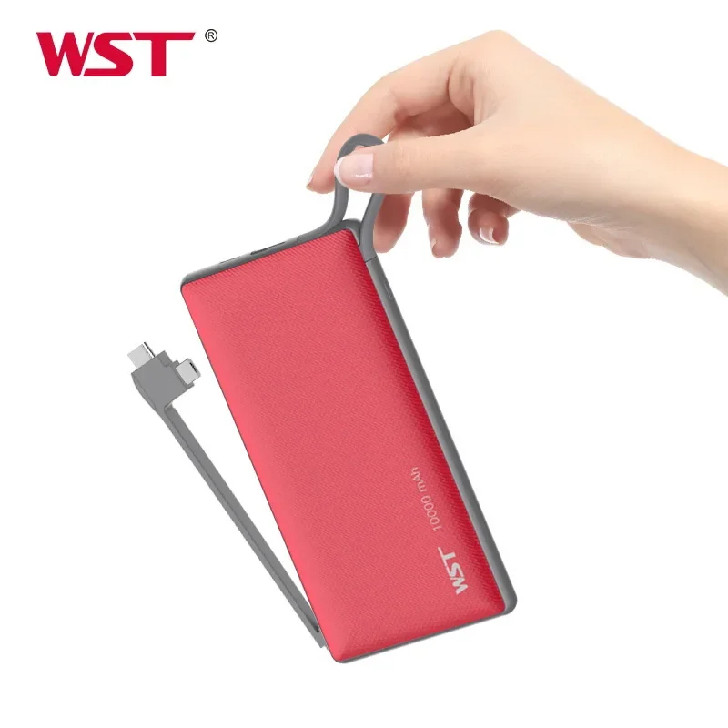 WST Promotional Gift Dual Input Output Power Bank 10000mah Powerbank with Built in Cable