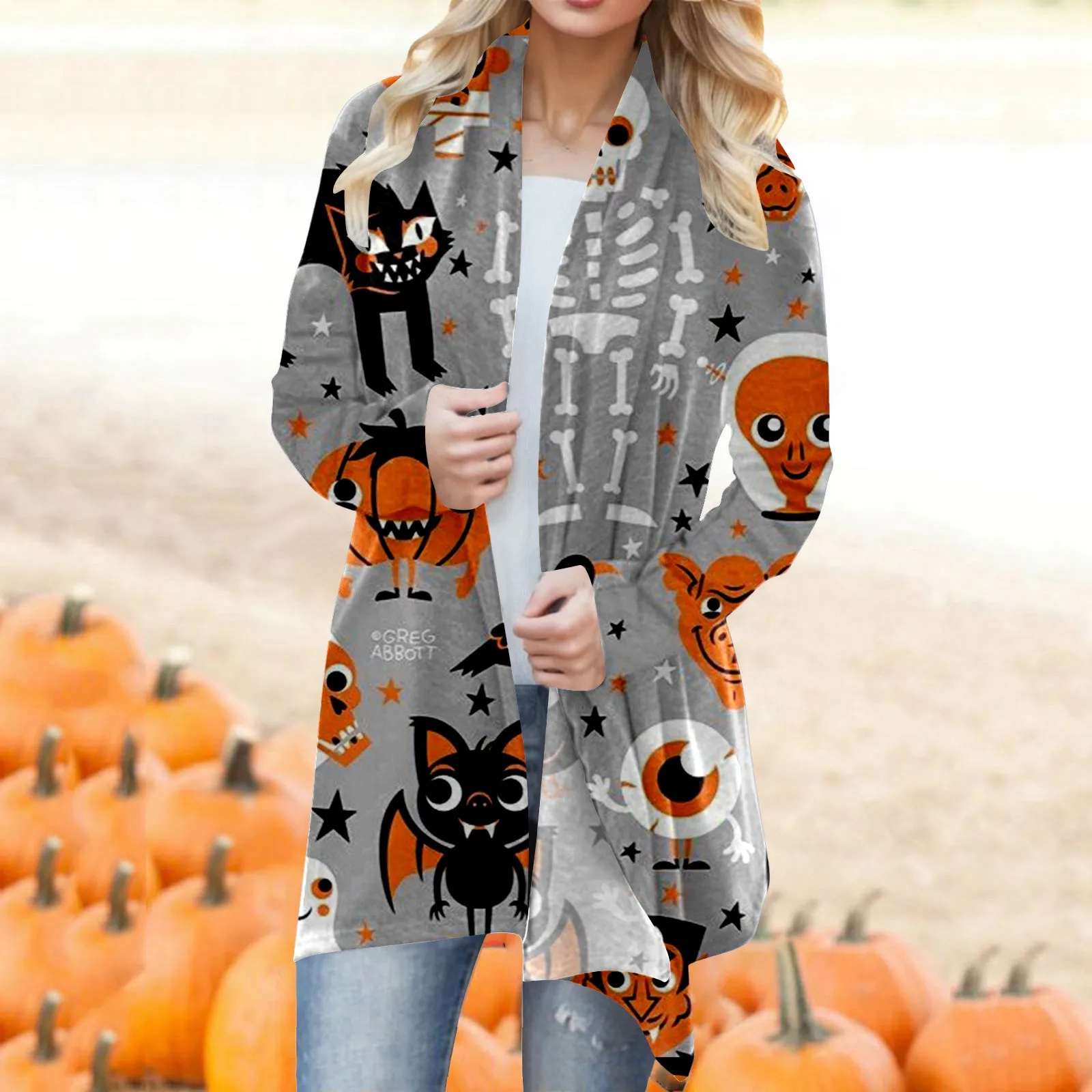 2024 Women\'s Loose All-match Cardigan Women\'s Casual Halloween Printed Fashionable Cardigan Autumn and Winter Long Cardigan