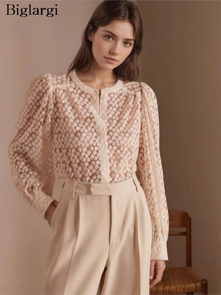 

Autumn Shirts Women Flower Embroidery Fashion Sexy See Through Ladies Blouses Long Sleeve Loose Woman Shirt