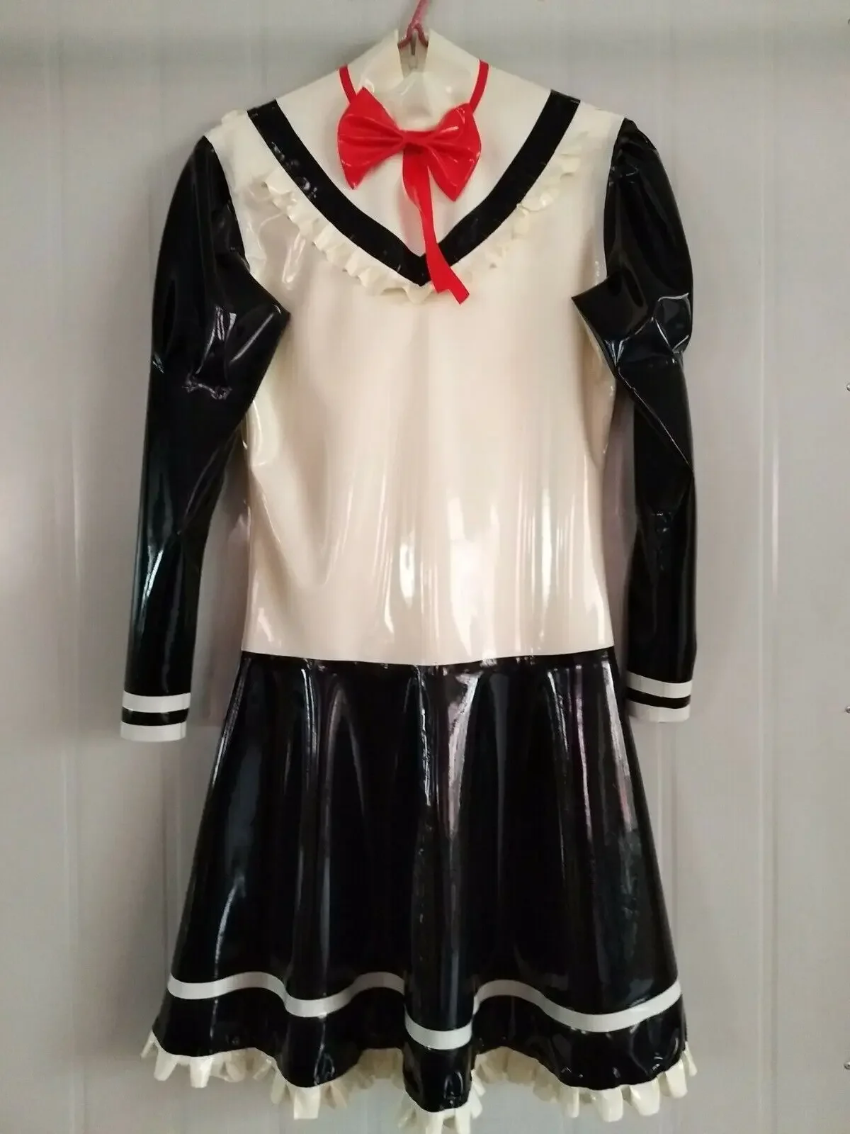 

Latex 100% Rubber Black Dress Ruffle Long Sleeve Cosplay Maid Skirt 0.4mm S-XXL