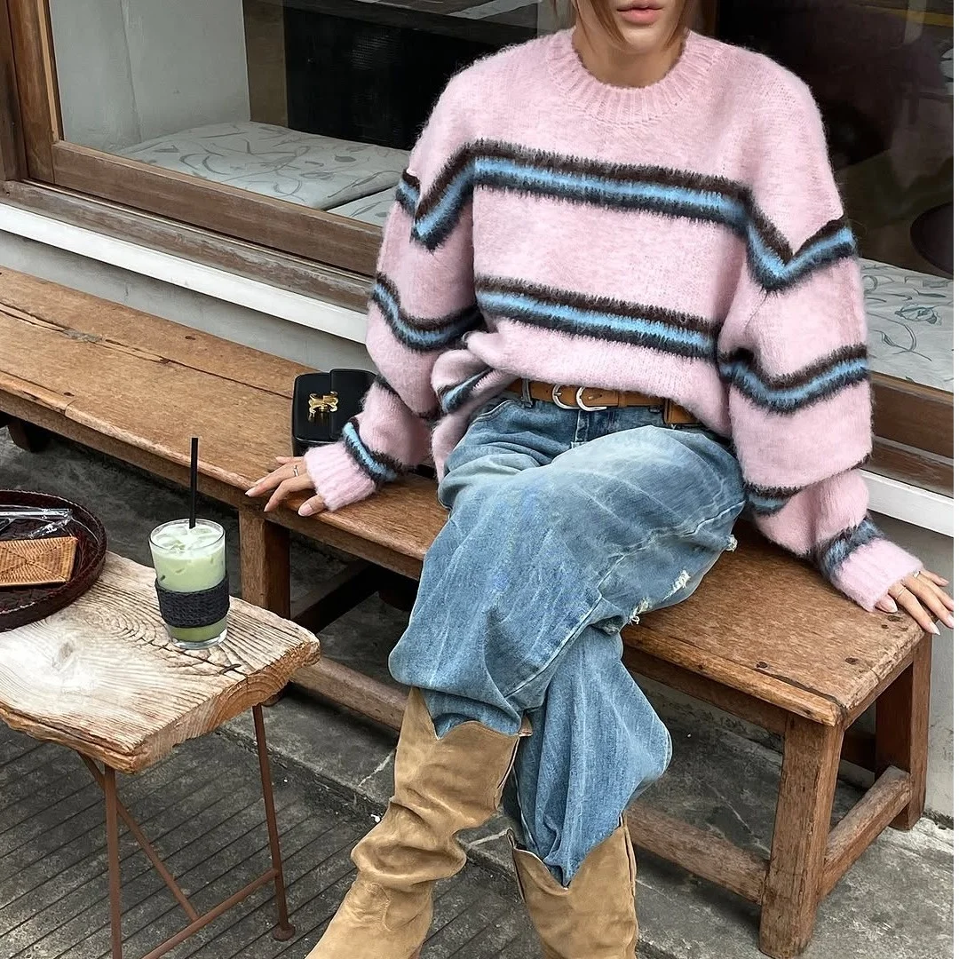 

Women's Knitwear round Ne Brued Sweater Horizontal Stripes Oversized Comfortable Fit Autumn Winter Faion Sweet Aosphere