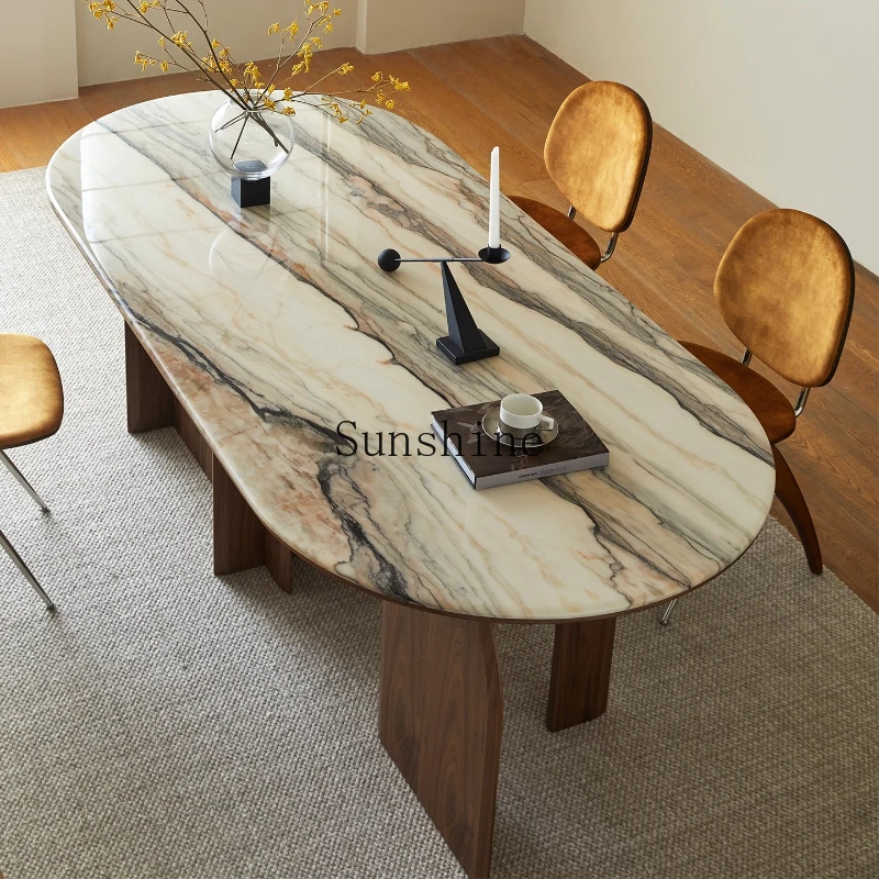 Italian marble oval dining table light luxury natural luxury stone villa large apartment dining table