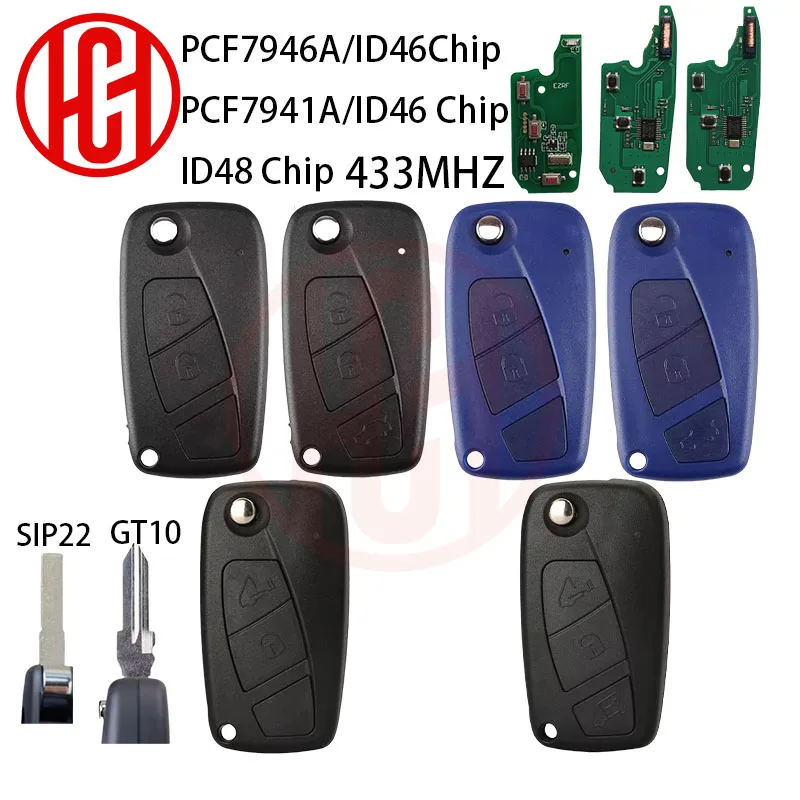 

ID48/ID46 PCF7946 PCF7941 Chip 433MHz 2/3 Button Flip Remote Smart Car Key Fob For FIAt 500 Punto Ducato Stilo Panda Bravo Linea