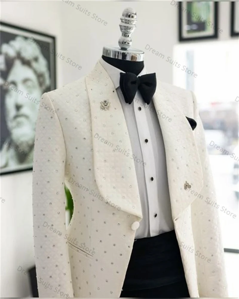 

Crystals White Men Suits Set 2 Pieces Blazer+Pants Customized Jacket Autumn Spring Wedding Tuxedo Tailored Made Coat Trousers