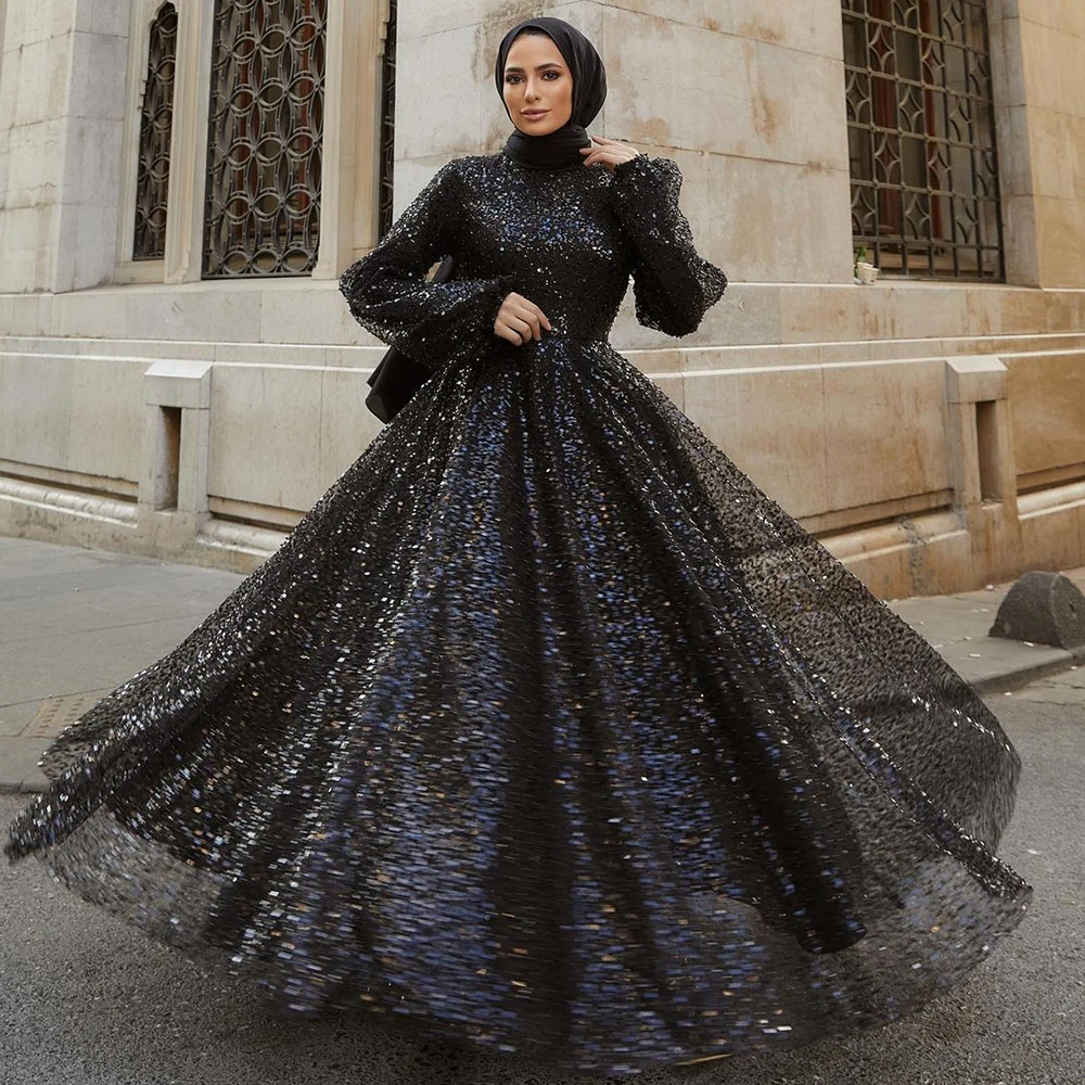 Dubai A-Line Wedding Evening Night Dress for Women Muslim 2023 High Neck Long Sleeves Plus Size Sequin Formal Prom Party Gown