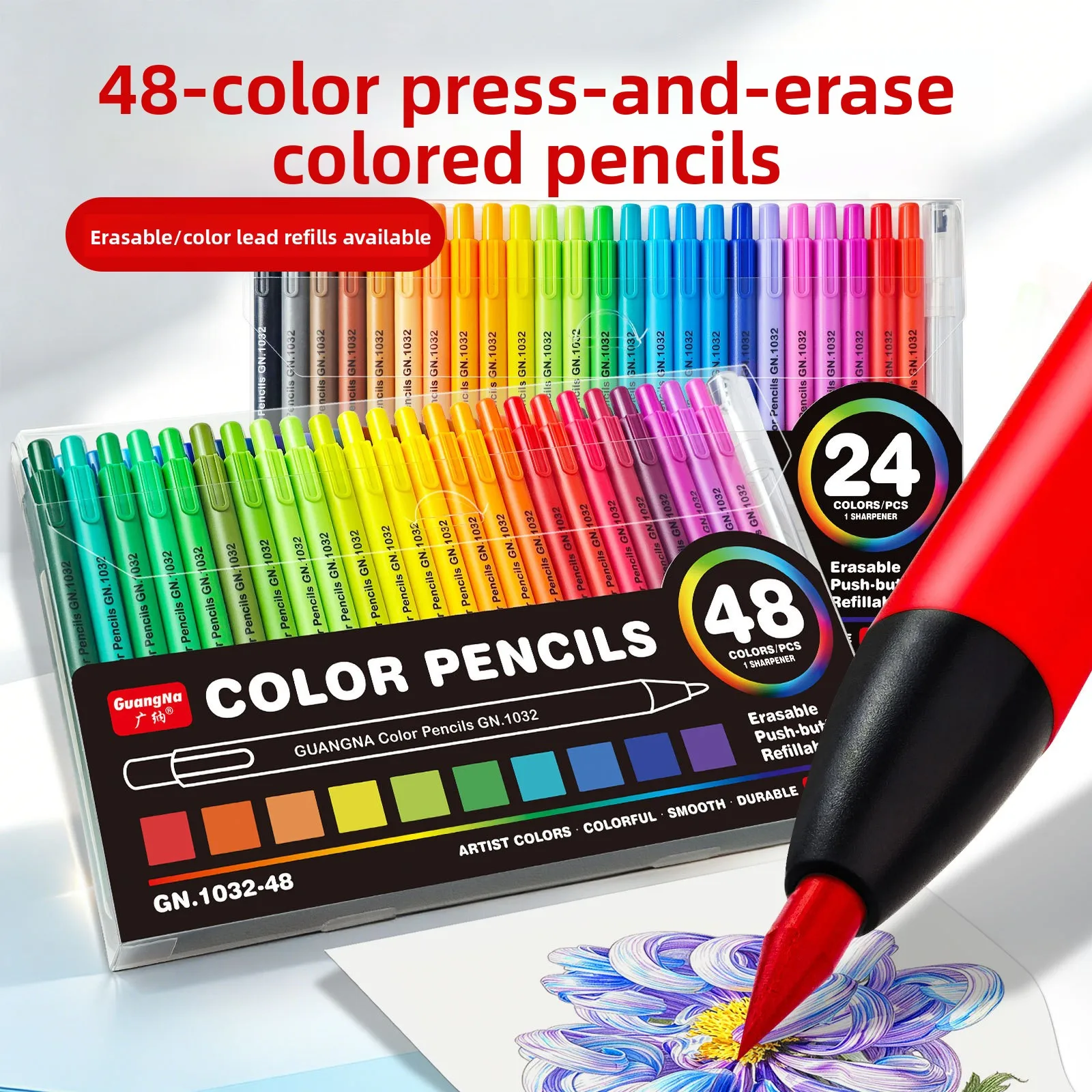 48 Colors Erasable Push Button Colored Pencils Set with Sharpener and Refillable Lead for Kids Students Beginners Smooth No