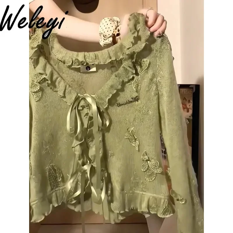 

French Sunscreen Butterfly Long Sleeve Green Blouse Woman Outer Autumn Streetwear Women's Short Top Blusas Femininas Elegantes