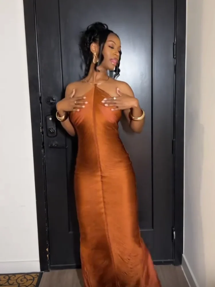 

Stylish Dramatic Gown Ruched Satin Halter Women Dresses Urban Stylish Charming Evening Party Elegant Female Outfits