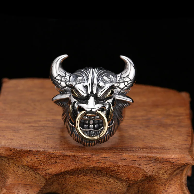 WholeSale S925 Sterling Silver jewelry thai Silver atmoSpheric men'S year of the ox faShion StyliSh cow head ring open ring