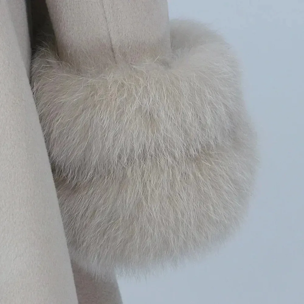 2025 Autumn Winter Women's New Long Fur Coat Removable Oversized Fox Fur Collar Cashmere Wool Coat Wool