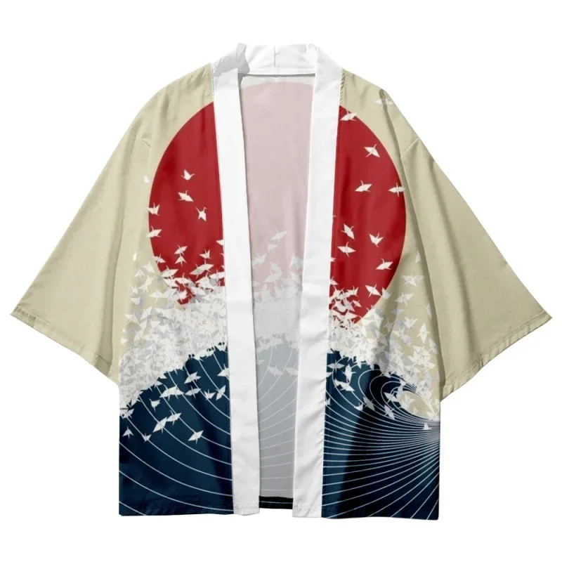 أزياء الأحمر الشمس الآسيوية الملابس 2025 اليابانية طباعة كيمونو قمصان الرجال فضفاض الساموراي سترة قمم