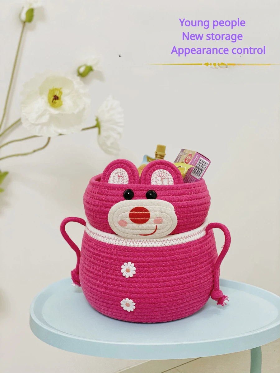 

Pink Bear Desktop Storage Basket Cotton Thread Storage Box Dustproof Organizing Woven Storage Basket Dirty Clothes Basket