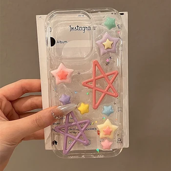 女の子のためのきらびやかな星の電話ケース,透明なエポキシのソフトバックカバー,y2k,3Dカラー,iPhone 15,14,13,12,11 pro max plus,かわいい