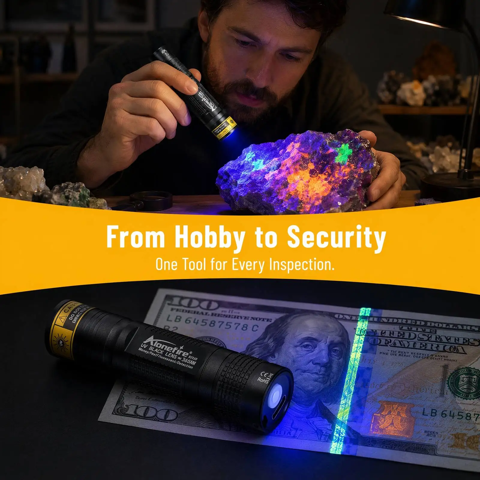 Mini 365nm/395nm UV Flashlight Usb Rechargeable UV Glue Curing Torch Cat Dog Pets Urine Tinea Money Ore Scorpion Detection Light view 2