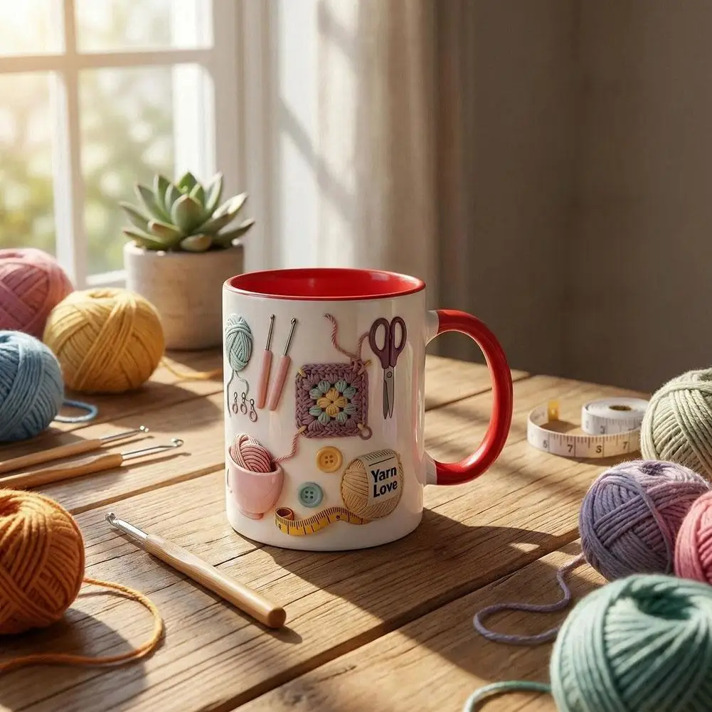 2D Knitting and Sewing Tools Mug 350ml Crocheting Women Coffee Cup Love Crocheting Personalized Ceramic Drinking Mug for Birthda