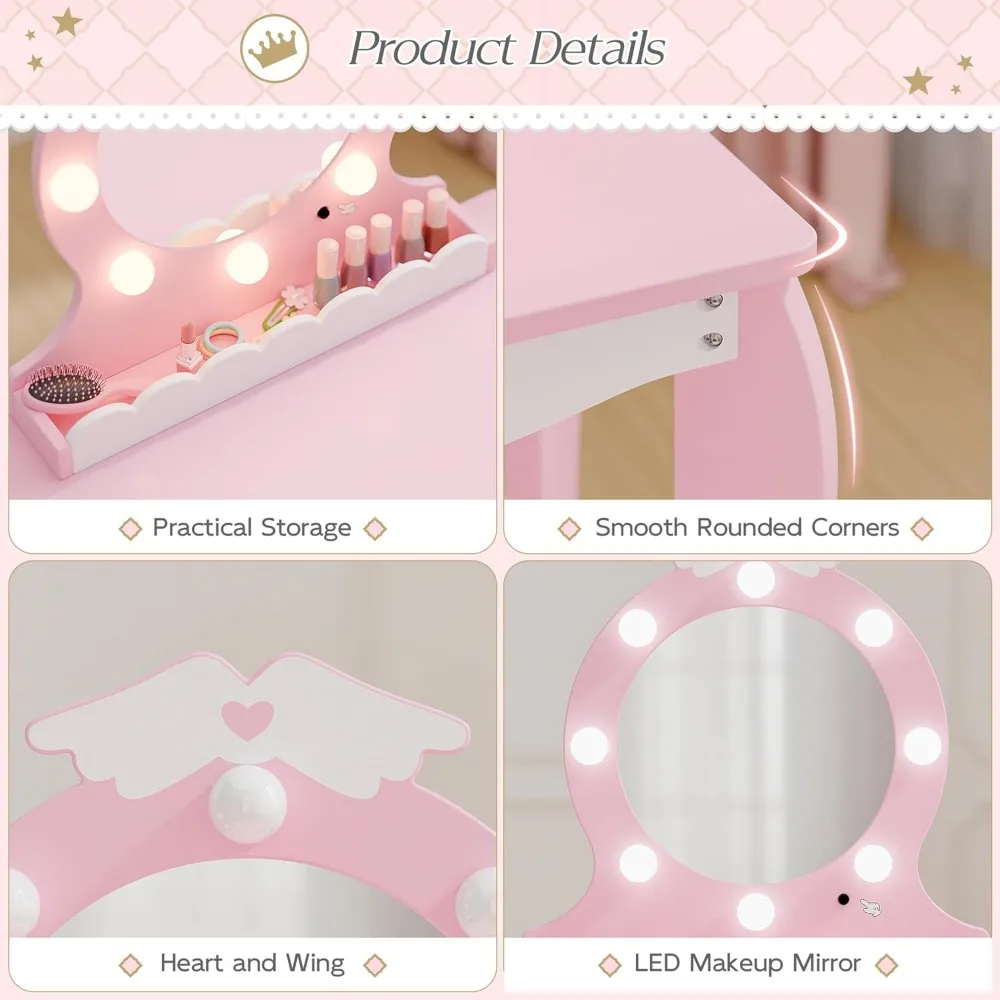 Kids Vanity Set with Lighted Mirror and Stool, Kids Make Up Vanity Desk with Storage Space, Wing Pattern for Little Girls