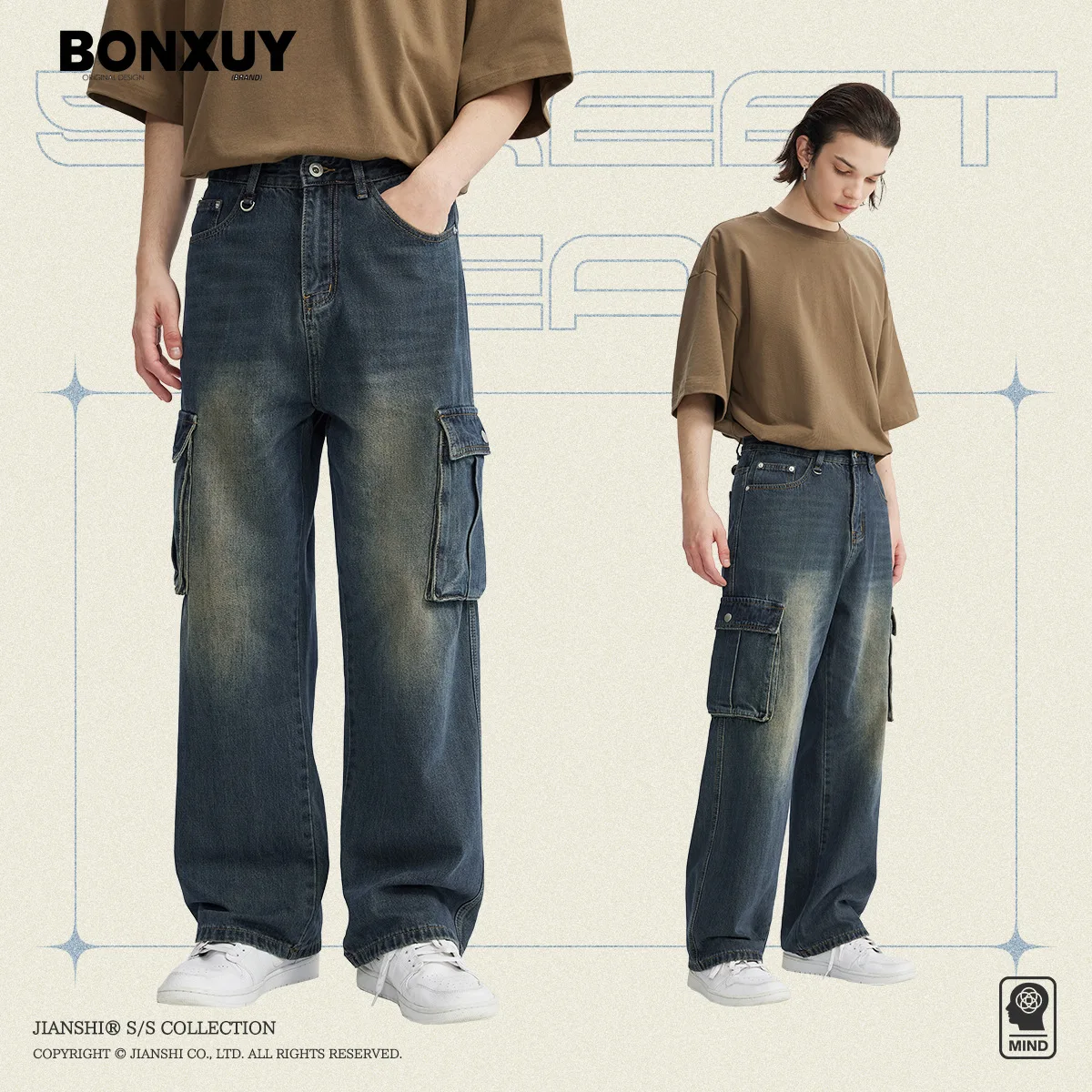 

BONXUY Vintage Old blue hip-hop washed work jeans men's American high street baggy wide leg straight leg casual pants