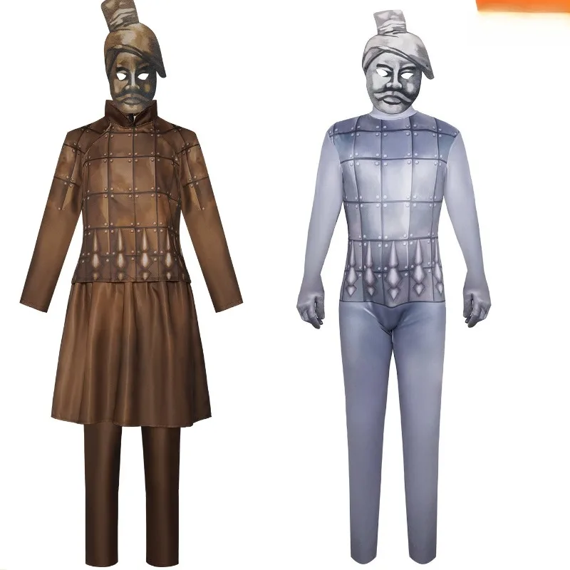 

Funny Cosplay Ancient Terracotta Warriors Costume History Retro Jumpsuit Performance Halloween Party Suit for Adult Boys Girls