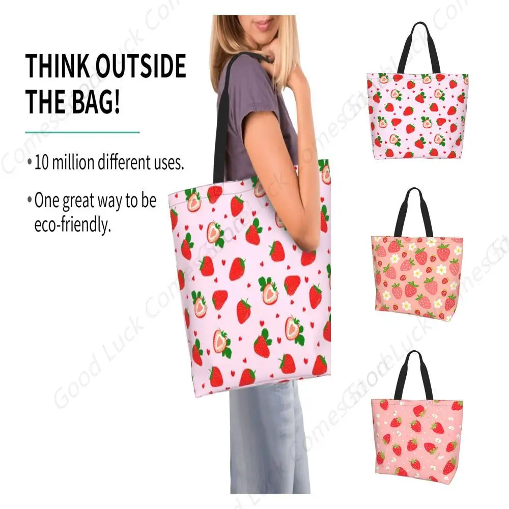 

Cute Heart Strawberry Large Tote Bag For Women Casual Shoulder Bag Handbag Waterproof Crossbody Handbags Reusable For Beach