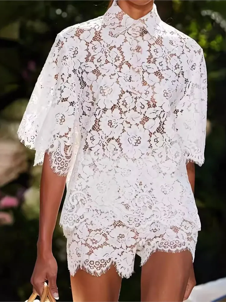 

Women's Two-piece Clothing Lace Top Shorts Suit Casual Fashion Sexy Summer Elegant White Holiday Woman 2 Piece Set Outfit