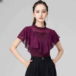 Latin Dance Clothing New Short Sleeve Shirt Female Professional Fashion Dance Clothes Advanced National Standard Dance Wear