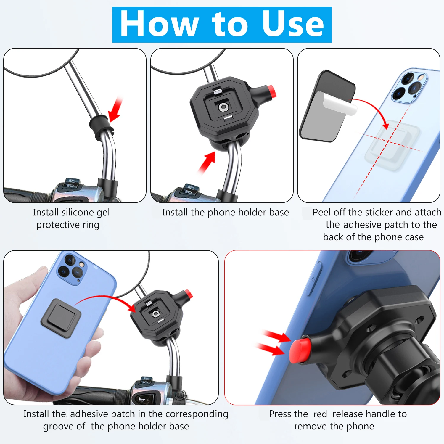 Quick Mount Motorcycle Motorbike Rearview Mirror Mobile Phone Holder Universal 360° Rotation Scooter Cellphone GPS Brackets