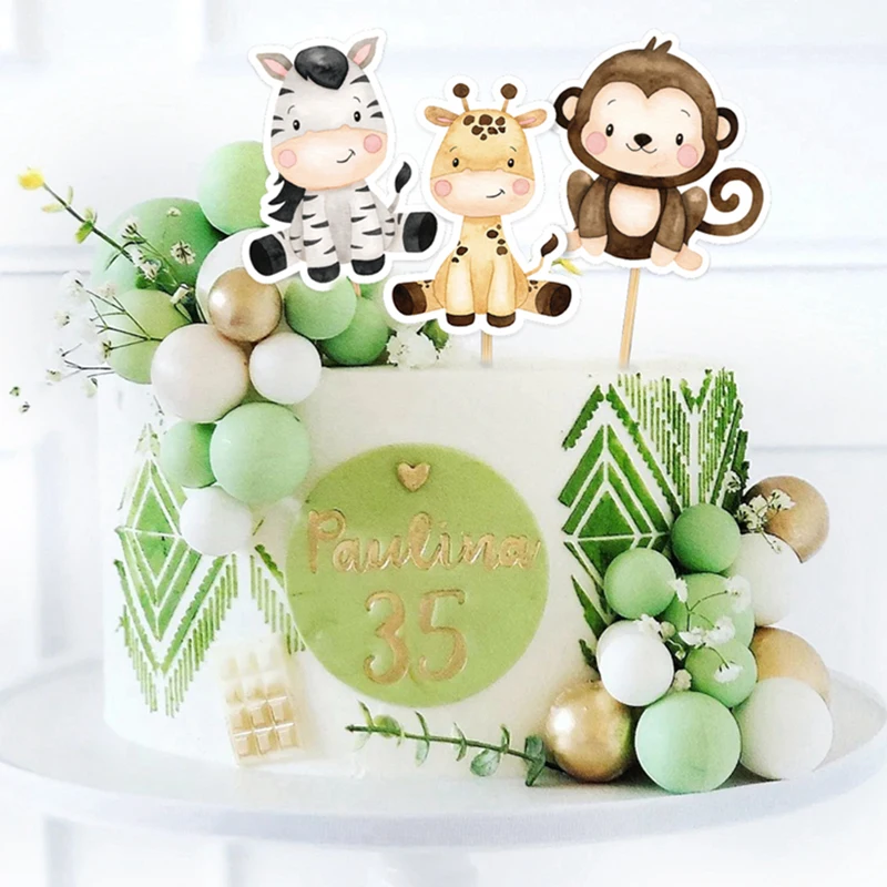 7/14Pc Cartoon Animal Theme Paper Cup Cake Sticker Decoration Jungle Animal Cake Cartoon Decoration Birthday Party Cake Supplies