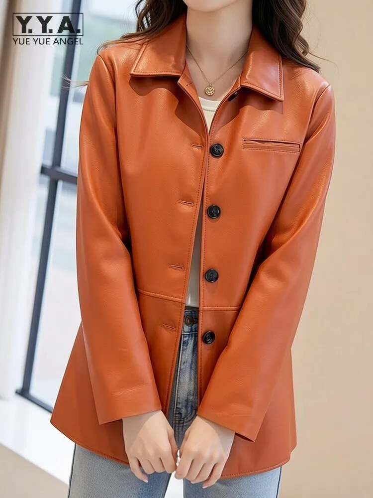 

Fashion Women Casual Loose Fit Long Sleeve Genuine Leather Jacket Turn Down Collar Single Breasted Sheepskin Medium Length Coat