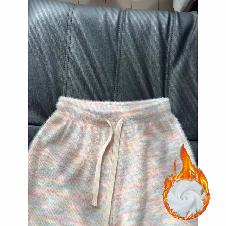 Rainbow Dot Soft And Thiened Women's Casual Pants High Waist Elastic Knitted Wide Leg Pants Korean Sle Autumn Winter New ...