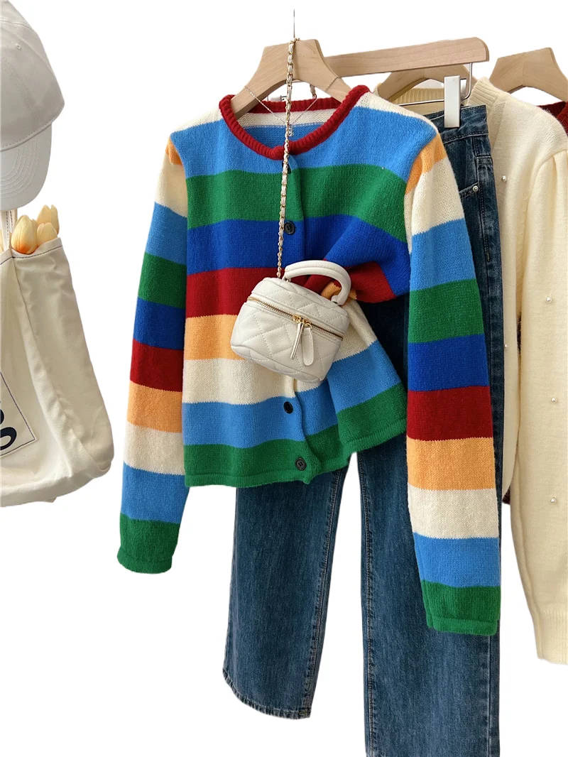

Свитер в полоску в стиле ретро, женский весенне-осенний новый свободный кардиган с круглым вырезом, вязаный топ с длинными рукавами, однобортный