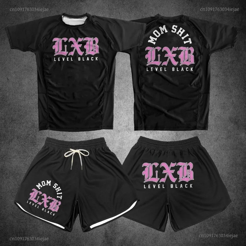 Summer Quick Drying Black Boxing Rash Guard Set Jersey Fighting T-shirt and Shorts Combo for Fitness Adults Kid