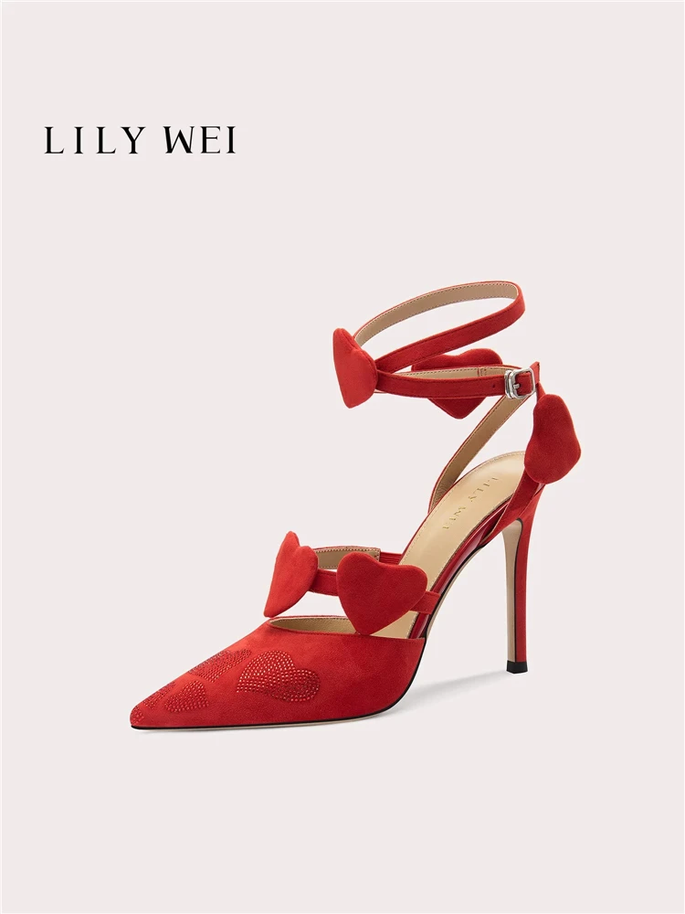 

Stiletto spring and summer new pointed red rhinestone suede thin strap sandals banquet large size small size women's shoes
