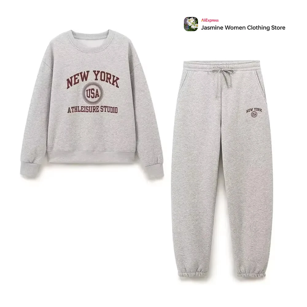 

Varsity Sweatsuit Set Women Gray Sport Suit Ensemble 2-piece Text Print Sweatshirt and Elastic Wasitband Pants with Side Pockets