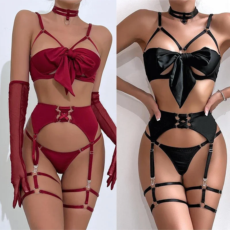 

Erotic lingerie Temptation garter belt hollowed out gathering four piece set sexy lingerie pornographic underwear women doll