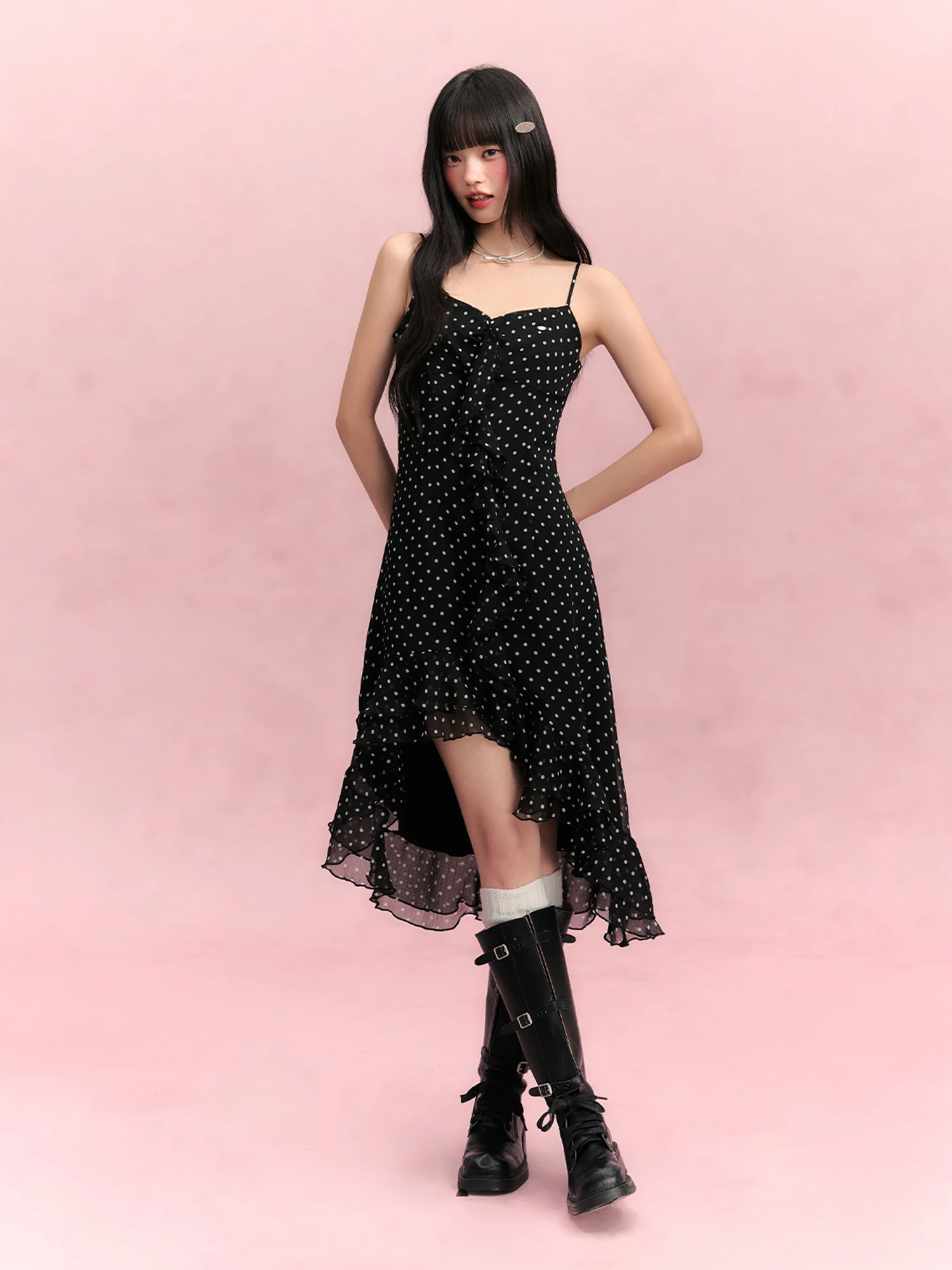 

Weekendhub Black Polka Dot Strap Dress Asymmetrical Hemline Sweet Cool Spring Summer Midi Length Women's Skirt Vintage Style
