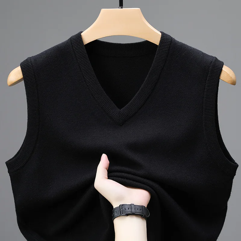 KIDWHXR Men Knitted Vest Autumn Slim Soid V-neck Sleeveless Male Sweater Pullovers Business Casual Comfortable Man Waistcoat view 2