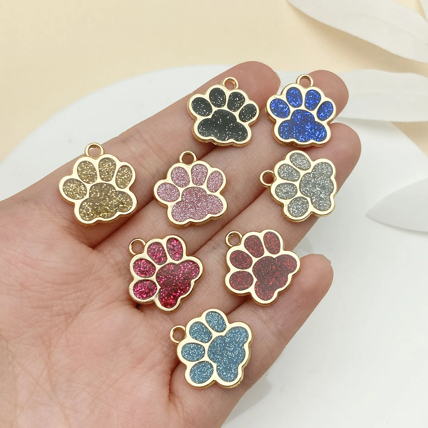 10pcs Alloy Dog Cat Bear Paw Charms Glitter Animal Paws Pendants For DIY Necklace Bracelet Or Pet Collar Label Tags Accessories