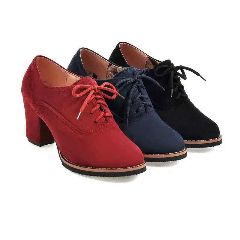 

Vintage Women Lace Up Pumps Square Heel Round Toe High Heels British Style Oxfords Autumn Low Top Student Shoes Blue Booties 43