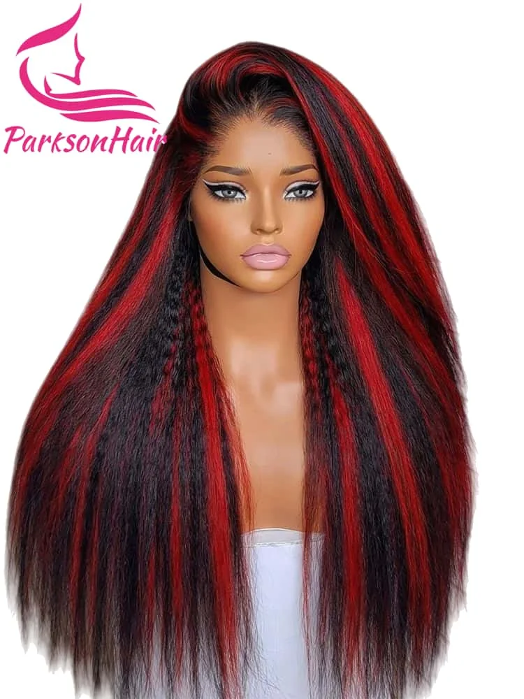 

Парик из натуральных волос 13x6 Kinky Straight Lace Front, черный с красными мелированиями, с естественной линией роста волос, парик 13x4 HD Lace для женщин, плотность 250%