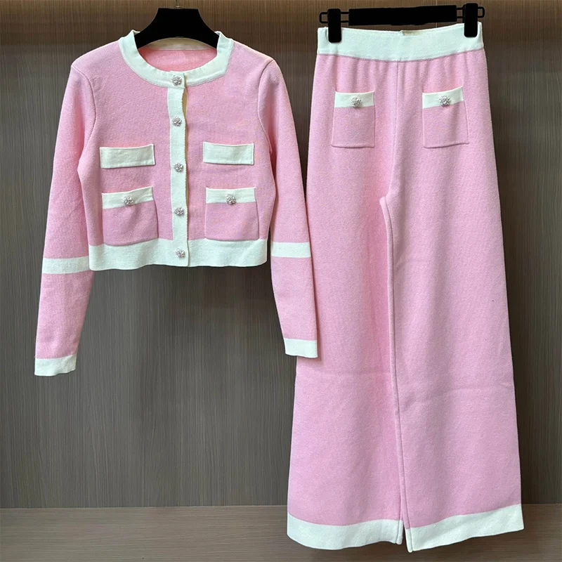 

High-quality color-matched edge woman two-piece sets with multiple pockets and floral embellishments cardigan+pants 251016161