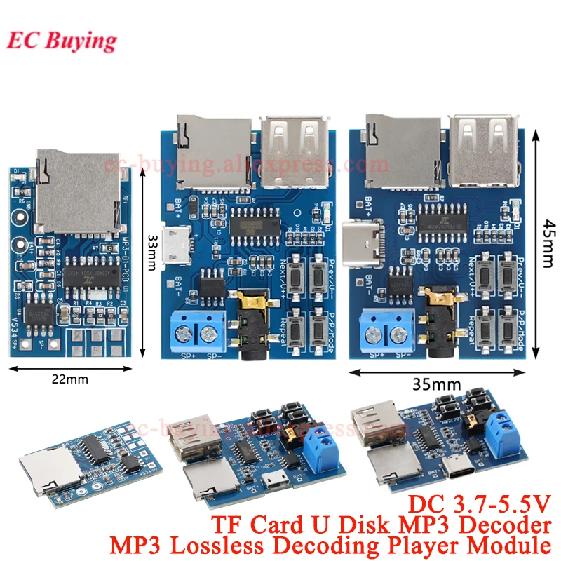1Pc-5Pcs MP3 Lossless Decoding Power Amplifier MP3 Player Audio Module Decoder Board for TF Card U Disk Format Micro Type-C USB