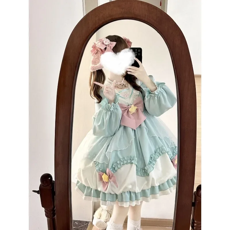 4 Colors Sweet Star Bow Sailor Neck Ruffle Long Sleeve Princess Dress Women's Clothing Autumn Kawaii Princess Mini Lolita Dress